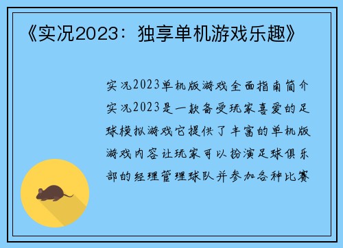 《实况2023：独享单机游戏乐趣》